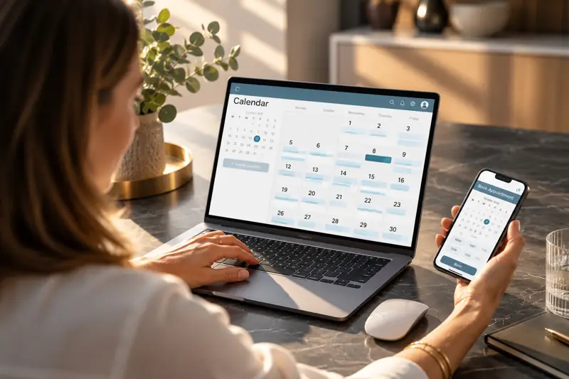 Frau verwaltet Buchungen im Kalender am Laptop und Smartphone