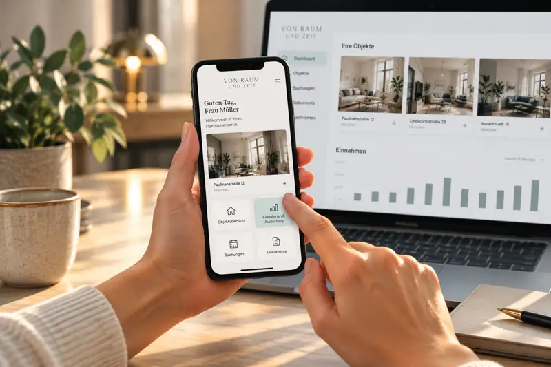 Eigentümerportal von Von Raum und Zeit auf Smartphone und Laptop mit Objekten und Einnahmen