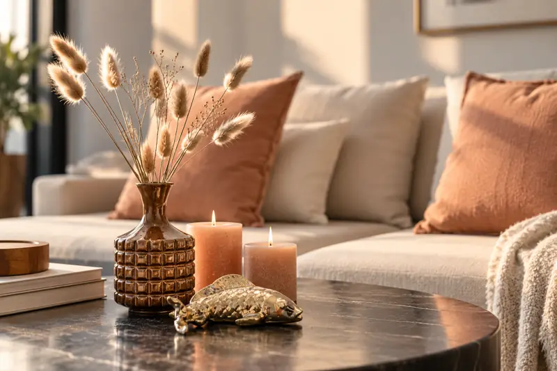Gemütliches Wohnzimmer mit Sofa, Kissen, Kerzen und Trockenblumen in der Vase