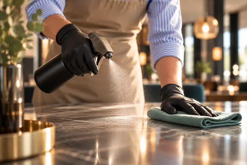 Reinigungskraft mit Handschuhen reinigt eine Oberfläche mit Sprühflasche und Tuch