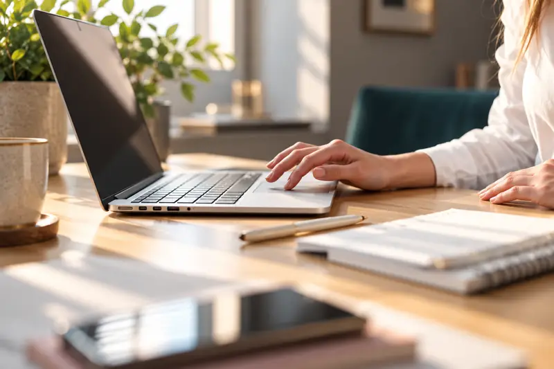 Person arbeitet am Laptop an der Online-Vermarktung einer Ferienunterkunft